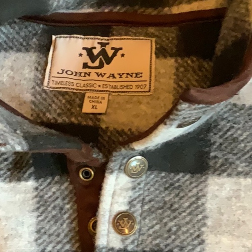 JOHN WAYNE Blue Plaid WOOLY Snap Fleece Pullover Shirt Sweater Mens